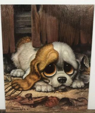 Vtg Gig " Pitty Puppy " Wide Eyed Puppy Litho Print Board No 228