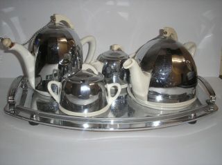 5 Piece English Art Deco Tea Coffee Set Chrome Bakelite Pottery