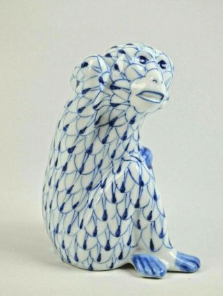 Andrea By Sadek Monkey Porcelain Blue White Fishnet Pattern Hand Painted