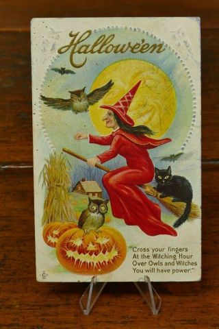 Vintage Halloween Postcard Stecher Series 216c Witch On Broom Black Cat Owl Jols