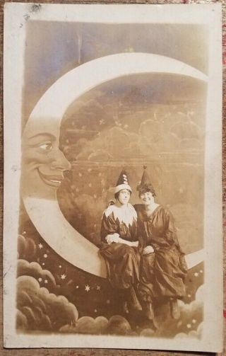 C1910 Rppc Real Photo Pc Women Pose On Crescent Moon Halloween Costumes