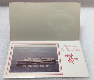 Uss Hermitage Lsd - 34 Blank Christmas Card 1980’s Marines Troop Transporter Lcu’s