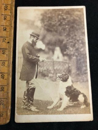 G Antique 1800s Victorian Runicles Man Retriever Dog B&w Cdv Photo Cabinet Card