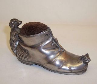 Vintage Old Shoe With Puppy Dog & Kitten Cat Pin Cushion Pewter/spelter Metal