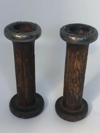 Vintage Pair Solid Wooden Spools Sewing Textile Spindles Farm House Decor 5 Inch