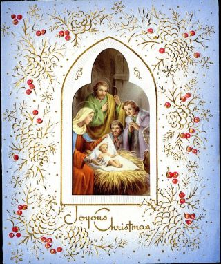 Vtg Christmas Card Die - Cut Mary Joseph And Baby Jesus In Manger Front Only