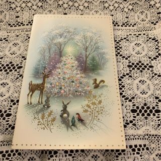 Vintage Greeting Card Christmas Animals Pretty Tree