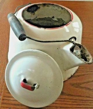 Antique Vintage White Porcelain Enamelware Teapot Kettle W Red Trim Wood Handle