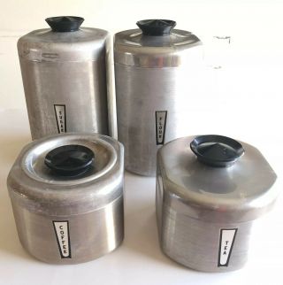 Vtg Aluminum Canister Set Of 4 Flour Sugar Flour Tea Coffee Silver Black Knobs