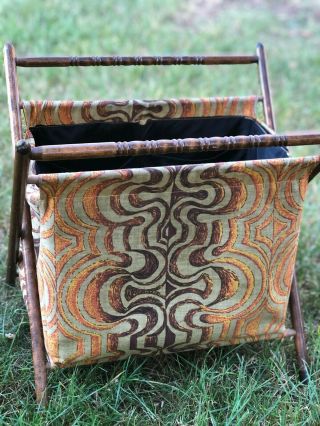 Vintage Knitting Stand Up Cloth Bag Folding Wood Frame Sewing Crochet Basket