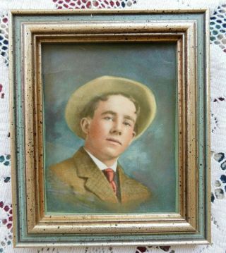 Antique Framed Photo Colorized Of Young Man In A Hat