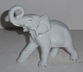 Mid - Century Porcelain White & Gold Elephant With Trunk Up For Good Luck