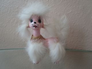 Vintage Ceramic Poodle With Fur Figurine Pink Poodle Dog Painted Face
