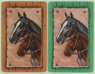 2 Single VINTAGE Swap/Playing Cards DOUBLE HORSE HEADS Brown/Green 2