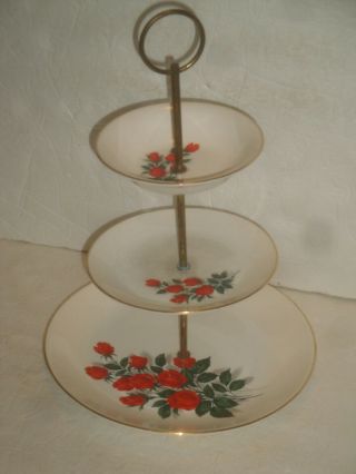 Vintage Sabin China Plate 3 Tier Serving Stand Tray Red Roses Mid Century