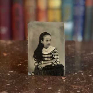 Antique Tintype Photo Of Young Girl With Long Black Hair Rosey Cheeks