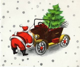 Vintage Hallmark Christmas Card: Santa Claus Cranking Car With Tree