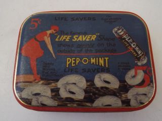 Atq Life Savers " Pep - O - The Famous Life Saver " Woman Diver Red 5 Cents Tin