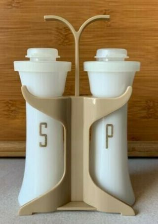 Vtg Tupperware Hourglass Mini Salt & Pepper Shaker W/ Holder 4 - 1/4 Tall 831 - 19