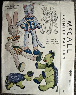 Vintage 1949 Uncut Mccall Bunny Cat Turtle Stuffed Dolls W/clothes Pattern 1499