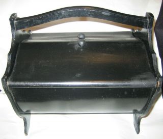 Vintage Wood Sewing Box Flip Top Lids Round Bottom Footed - Black