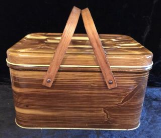 Vintage Old Metal Bread Box Or Picnic Basket With Wood Handles National Can Corp