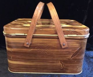 Vintage Old Metal Bread Box or Picnic Basket With Wood Handles National Can Corp 3