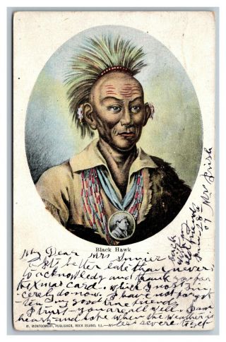 1907 Postcard Indian Chief Black Hawk M Montgomery Publisher Rock Island Il