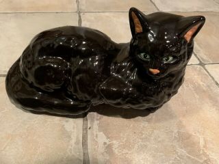 Large Life Size Ceramic Black Cat Figurine With Green Eyes Statue