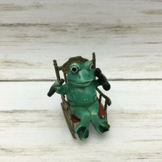 Vintage Handsome Ceramic Frog In Metal Rocking Chair Figurine Cigar Telephone
