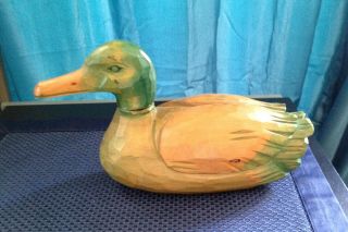 Vintage Hand Carved Wood Duck Decoy With Removable Pegged Head,  11 "