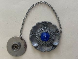 Vintage Silver Metal Flower With Blue Jewel Snappette Clasp Closure