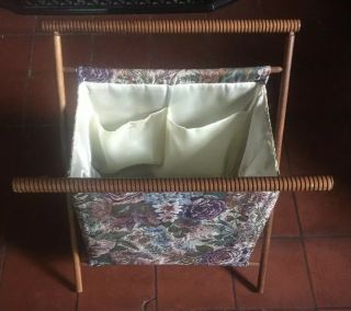 Vintage Knitting Stand Up Cloth Bag Folding Wood Frame Sewing Crochet Basket