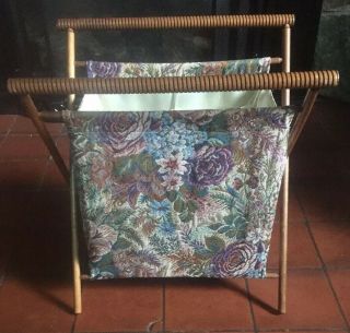 Vintage Knitting Stand Up Cloth Bag Folding Wood Frame Sewing Crochet Basket 3