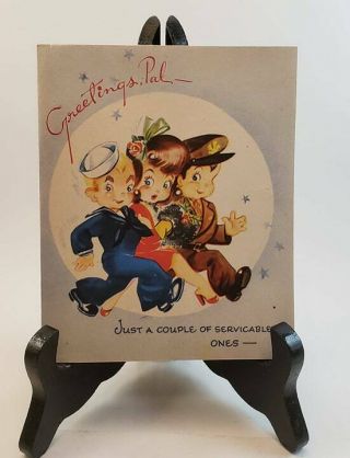 Vintage Christmas Card Greetings Pal - Navy Army Wwii Uniforms Woman
