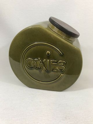 Vintage Hyalyn Cookie Jar 200 Olive Green 3 - D Letters Wood Lid Pottery Cute