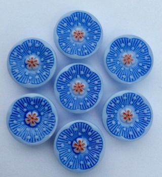 7 X 18mm Vintage 1950s Pale Blue Floral Enamelled Glass Buttons