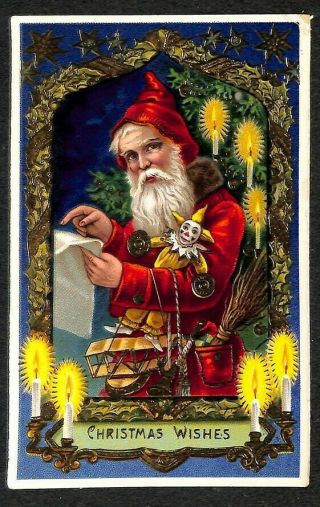 Christmas Wishes Red Robed Santa Claus Joker Toys Candles 41910 Postcard