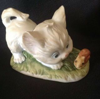 Small Vintage Cat Kitten Playing With Snail Bisque Ceramic Figurine