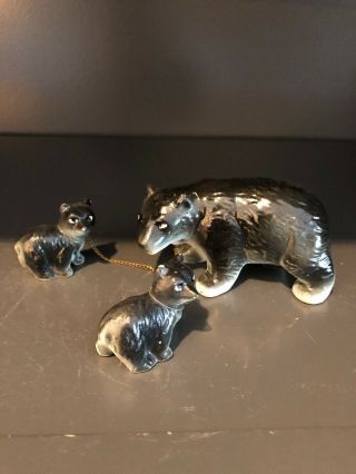 Vintage Moma Black Bear With 2 Cubs Ceramic Figurines W/chain To Cubs Japan
