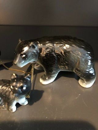 Vintage Moma Black Bear With 2 Cubs Ceramic Figurines W/Chain To Cubs Japan 2
