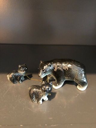 Vintage Moma Black Bear With 2 Cubs Ceramic Figurines W/Chain To Cubs Japan 3