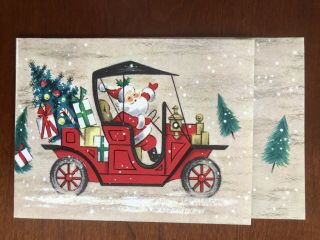 1960s Christmas Card: Santa Claus Driving Car W/ Presents Christmas Tree Snow
