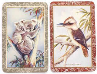 Pair Vintage Swap Cards C1940s.  Koala,  Kookaburra.  Australia.  Artist N W Cayley