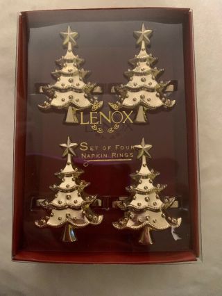 Set Of 4 Lenox Holiday Noel Gold Colored Christmas Tree Napkin Rings W/ Box Open