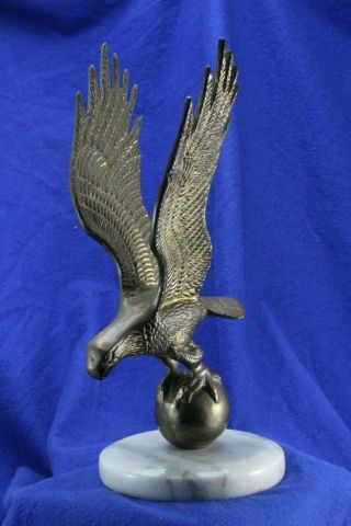 Vintage Brass Eagle On White Marble Bass.  11 " Tall.