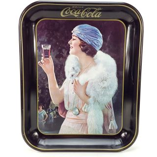 Vintage Coca Cola 13 X 11 " Metal Serving Tray Woman Fox Fur Stole W/ Locket