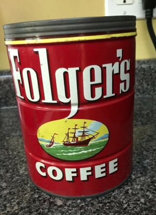 Vintage Folgers Coffee Metal Tin 1952 Mountain Grown Boat Ship Red No Top Canco