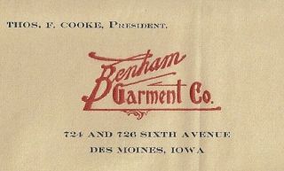 1904 Letter Benham Garment Co.  Des Moines,  Ia.  To The Amana Society Homestead,  Ia