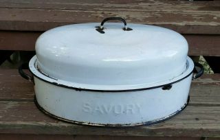 Vintage Large Savory Enamel Graniteware Roasting Pan And Lid White Embossed